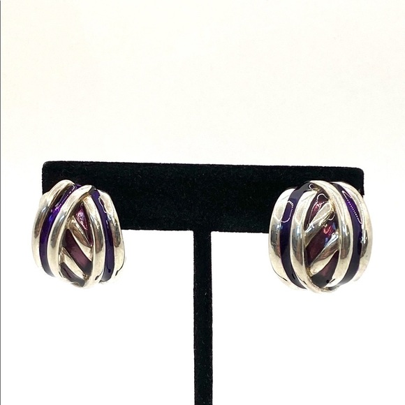 Clip Ons Clips Earrings Silver Tone Purple Maroon Enamel - Picture 1 of 11